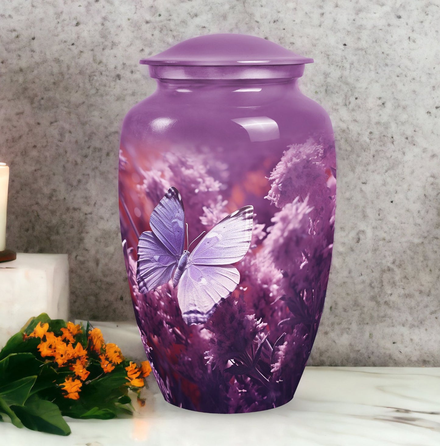 purple butterflies urn, large aluminium urn for ashes