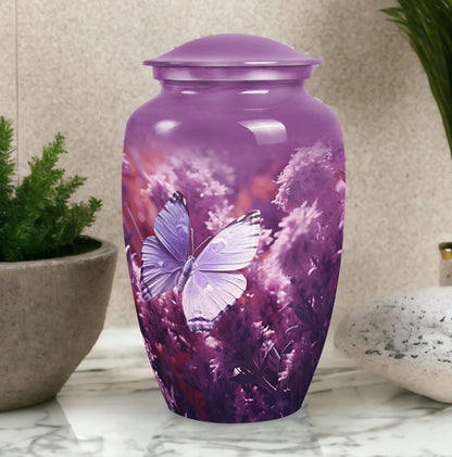 purple butterflies urn, large aluminium urn for ashes