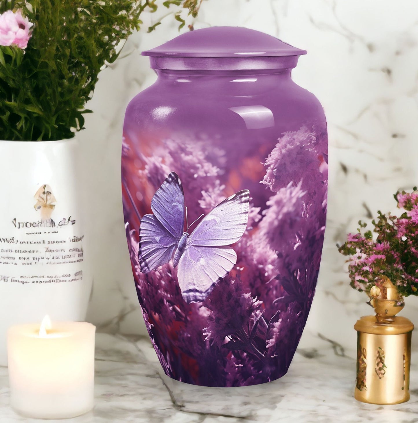 purple butterflies urn, large aluminium urn for ashes