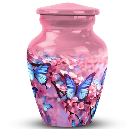 Blue Butterfly Urn made of Aluminium for ash containment.