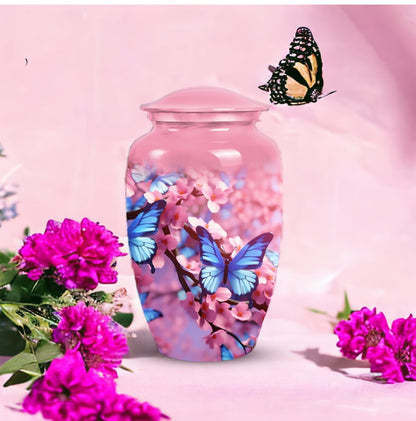 Blue Butterfly Urn made of Aluminium for ash containment.