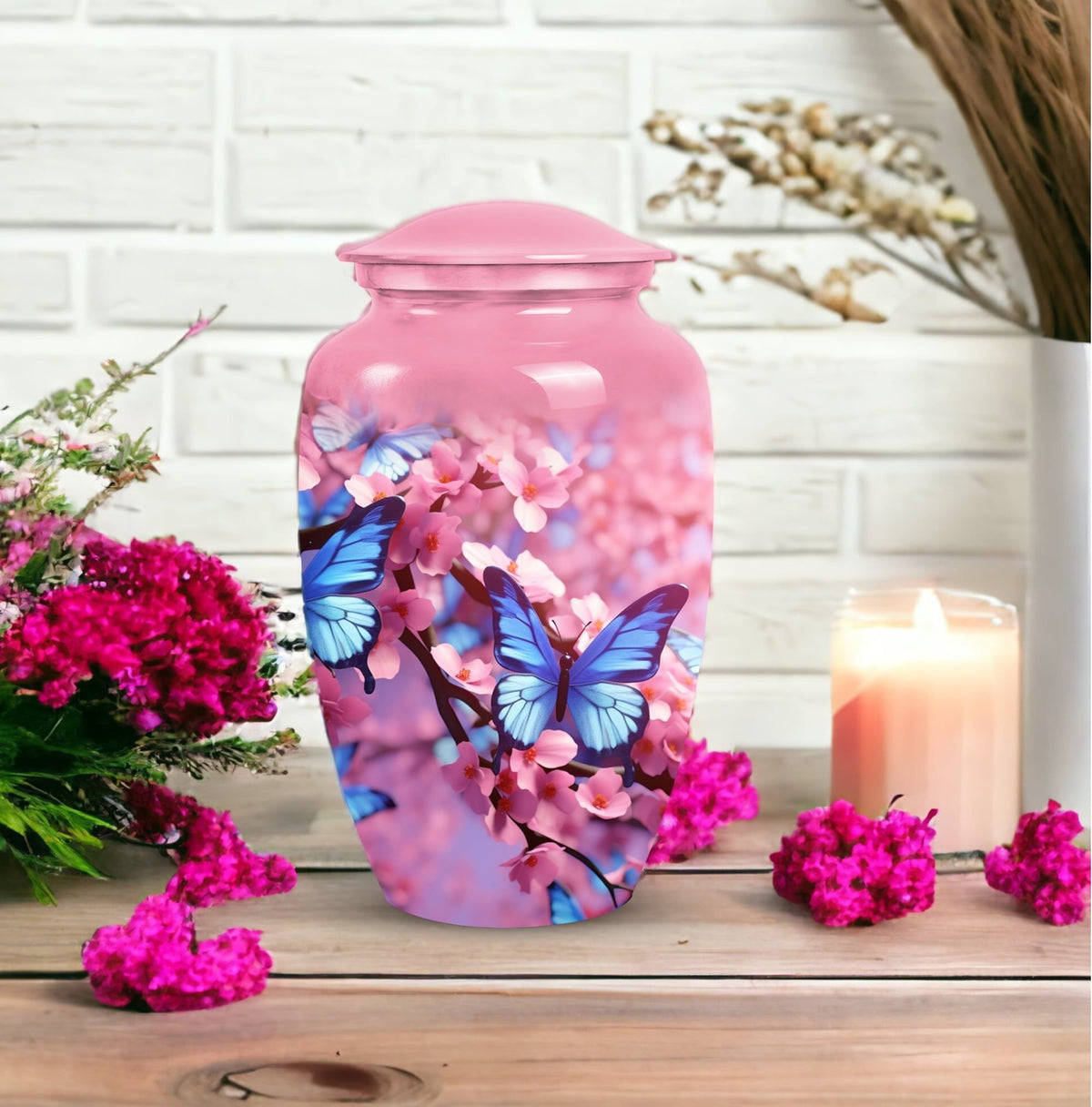 Blue Butterfly Urn made of Aluminium for ash containment.
