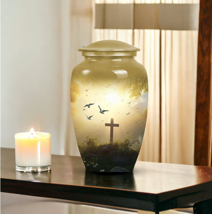 Large Jesus Christ cross Urn for ashes, aluminium urn