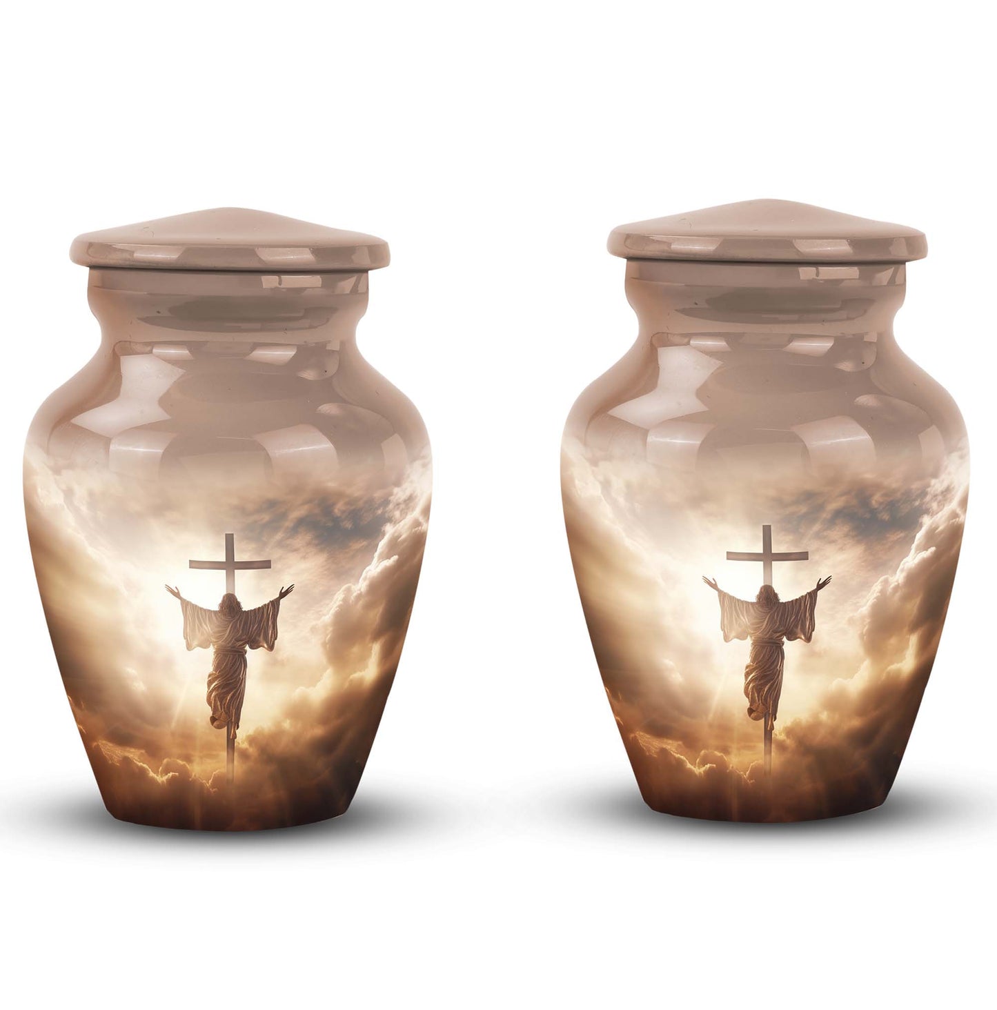 Classic Jesus Christ cross urn made of aluminium.