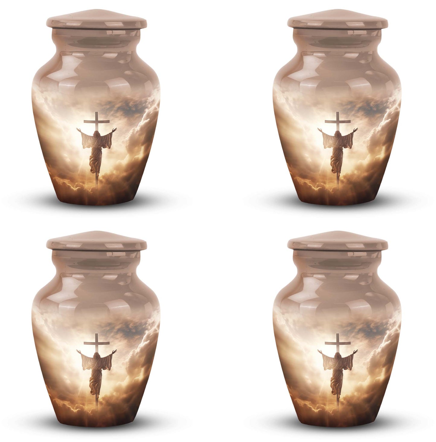 Classic Jesus Christ cross urn made of aluminium.