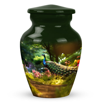 Classic 3 Inch Peacock Memorial Urn in Aluminium.