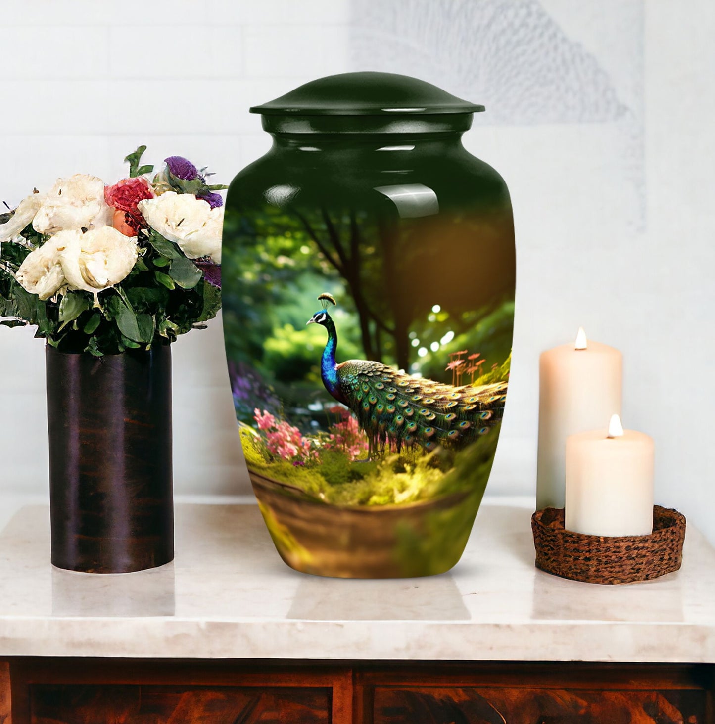 Classic 3 Inch Peacock Memorial Urn in Aluminium.