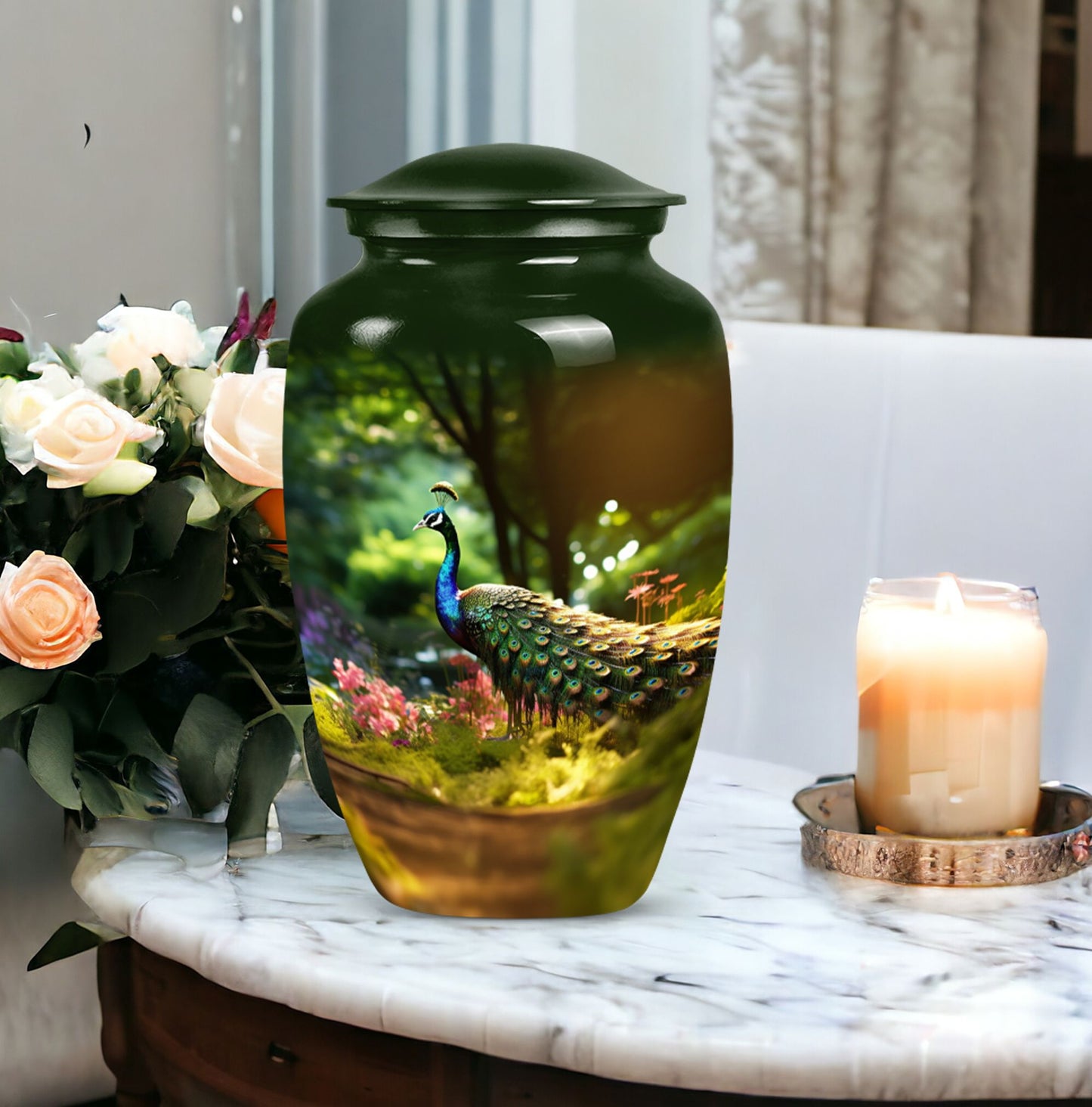 Classic 3 Inch Peacock Memorial Urn in Aluminium.