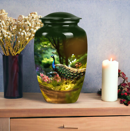 Classic 3 Inch Peacock Memorial Urn in Aluminium.