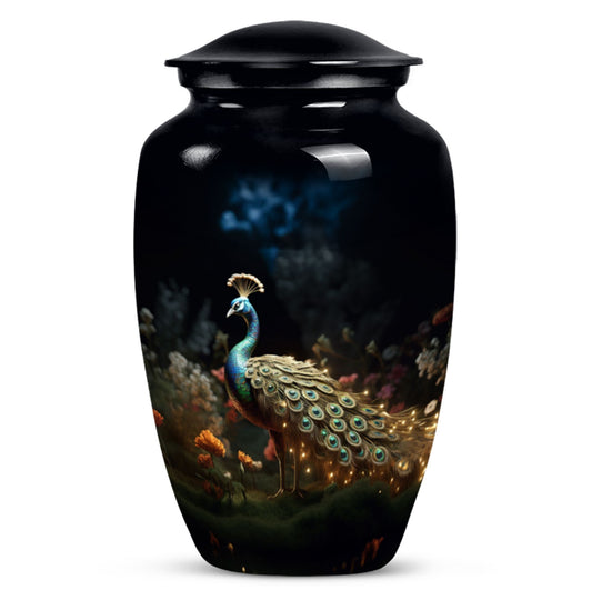 Large Peacock Urn for ashes made from aluminium.