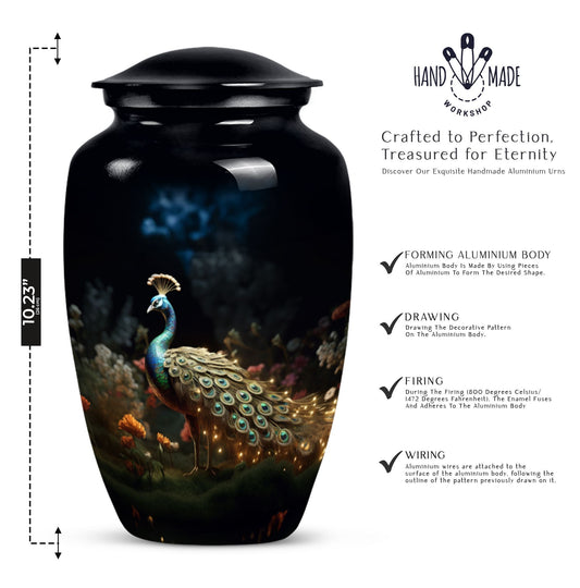 Large Peacock Urn for ashes made from aluminium.