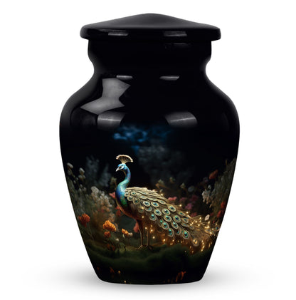 Large Peacock Urn for ashes made from aluminium.