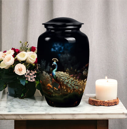 Large Peacock Urn for ashes made from aluminium.