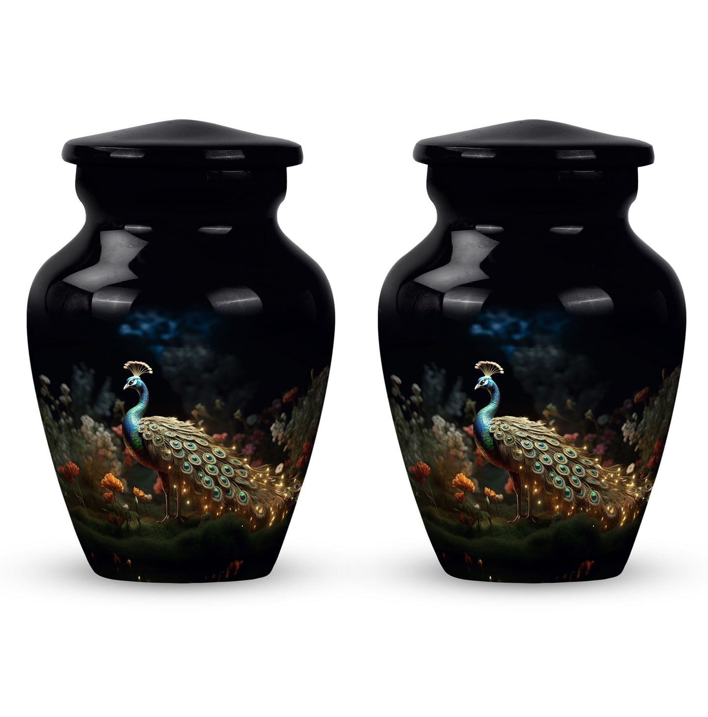 Large Peacock Urn for ashes made from aluminium.