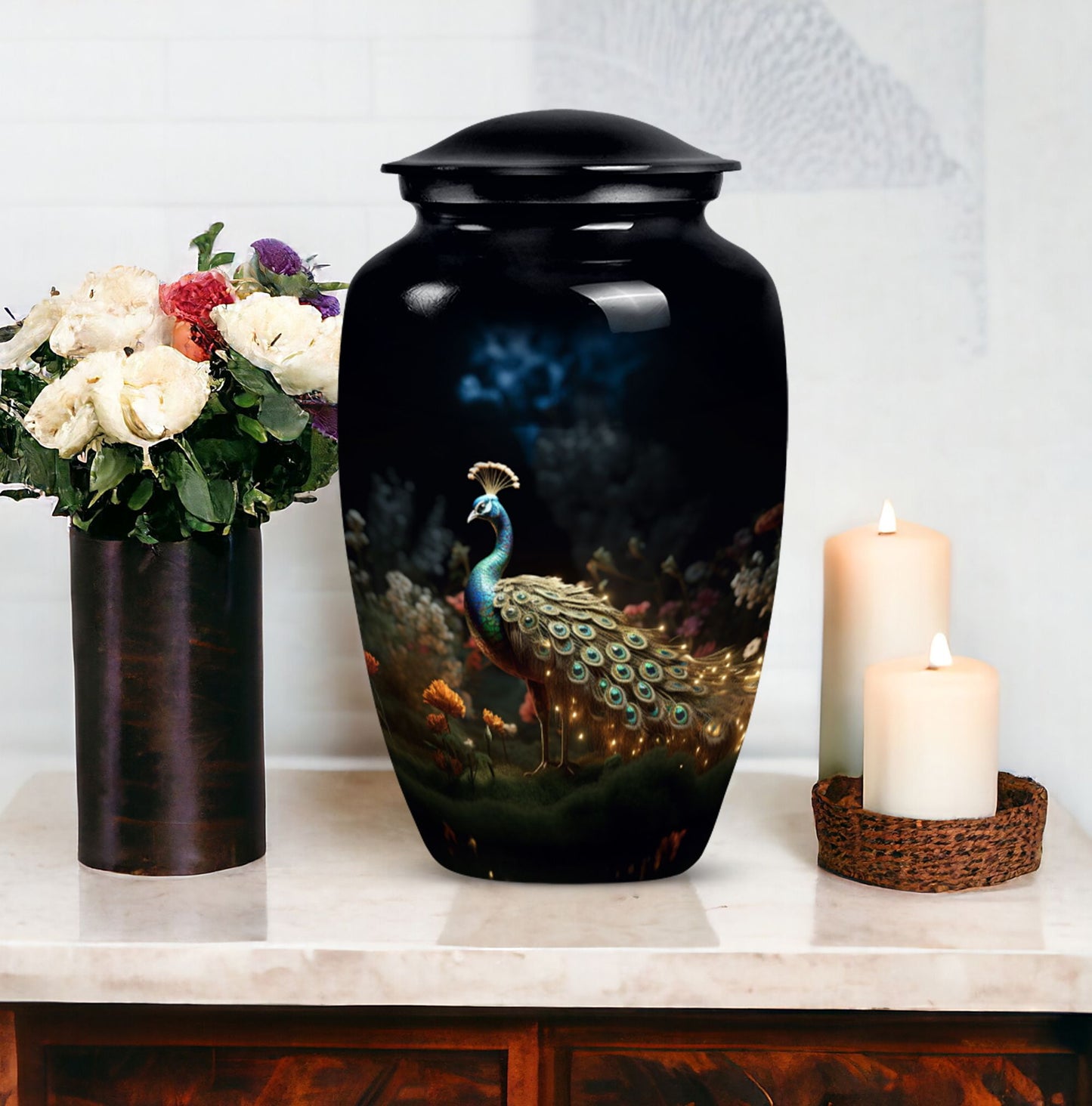 Large Peacock Urn for ashes made from aluminium.