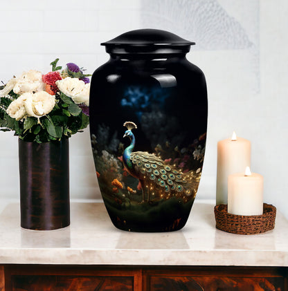 Large Peacock Urn for ashes made from aluminium.