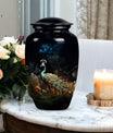 Large Peacock Urn for ashes made from aluminium.