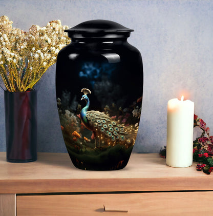 Large Peacock Urn for ashes made from aluminium.