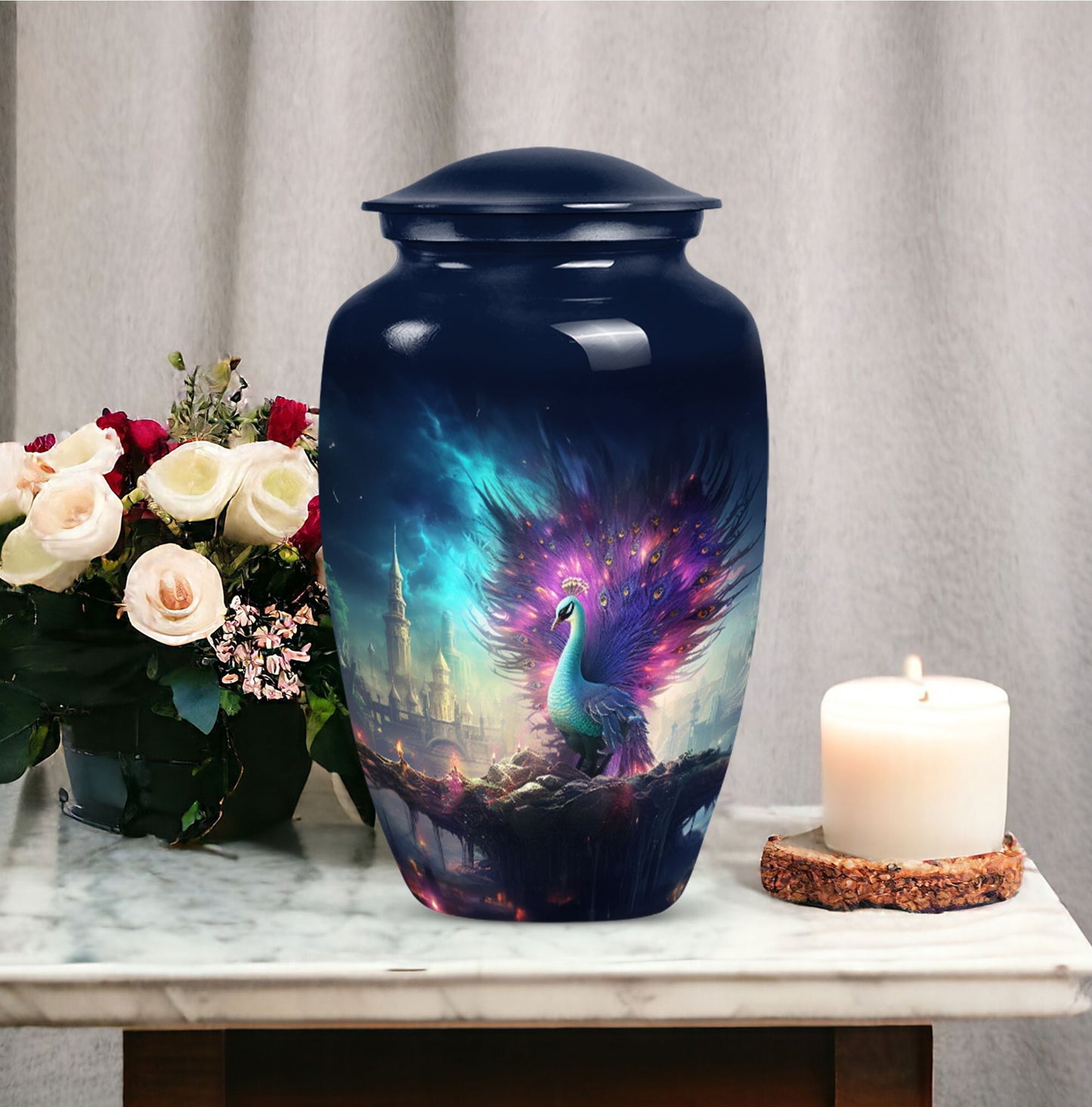 Peacock Memorial cremation urn in classic design for adults