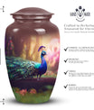 Classic peacock-designed Aluminium urn for adult ashes.