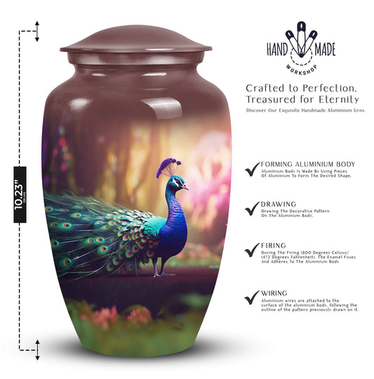 Classic peacock-designed Aluminium urn for adult ashes.