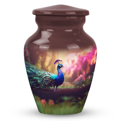Classic peacock-designed Aluminium urn for adult ashes.