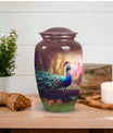 Classic peacock-designed Aluminium urn for adult ashes.