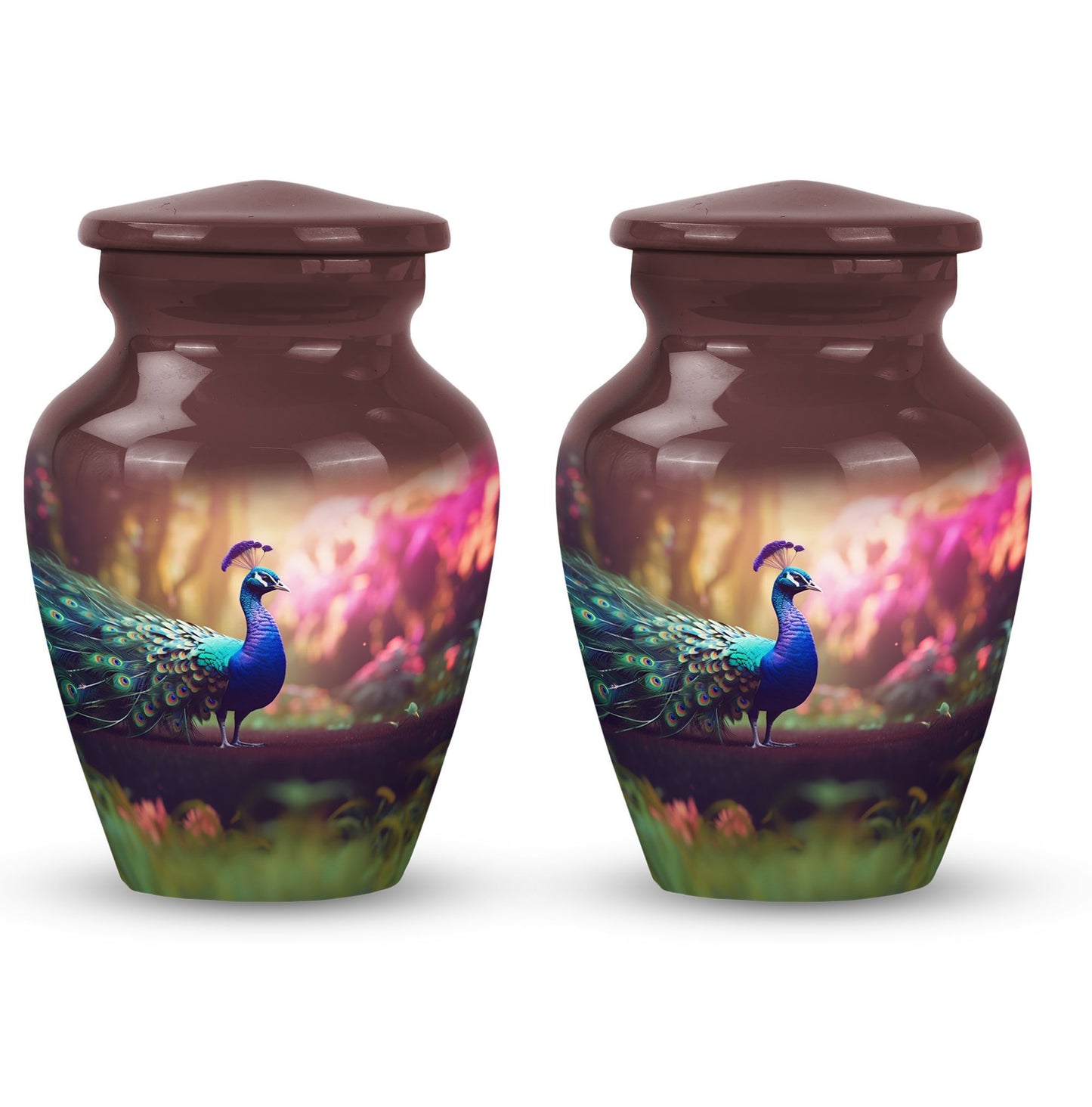 Classic peacock-designed Aluminium urn for adult ashes.
