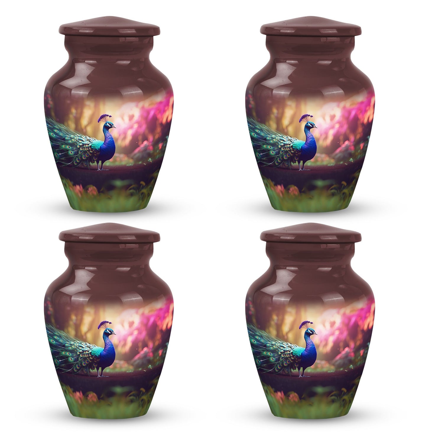 Classic peacock-designed Aluminium urn for adult ashes.