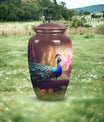 Classic peacock-designed Aluminium urn for adult ashes.