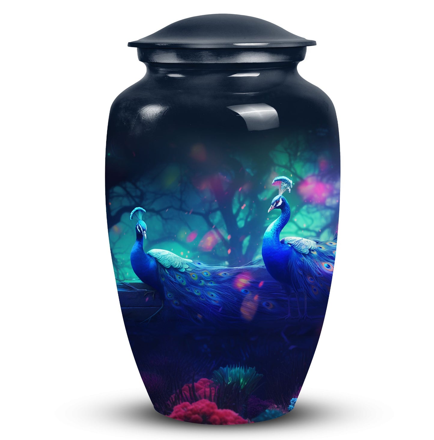 Classic-design peacock urn for ashes.