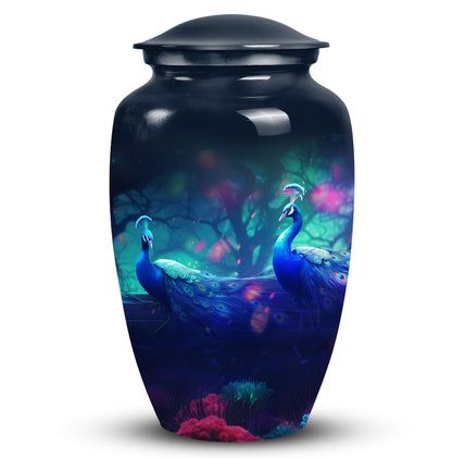 Classic-design peacock urn for ashes.