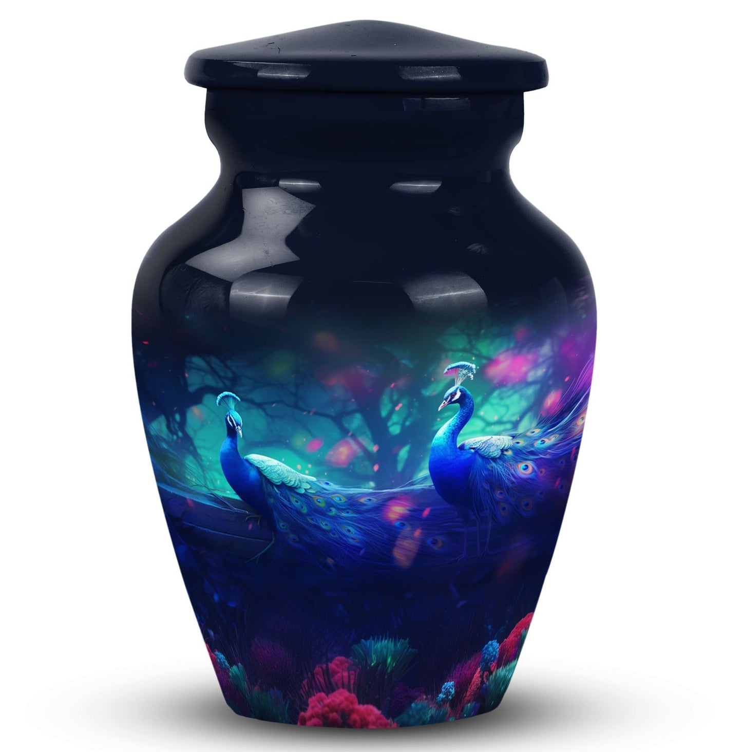 Classic-design peacock urn for ashes.