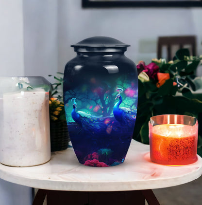 Classic-design peacock urn for ashes.