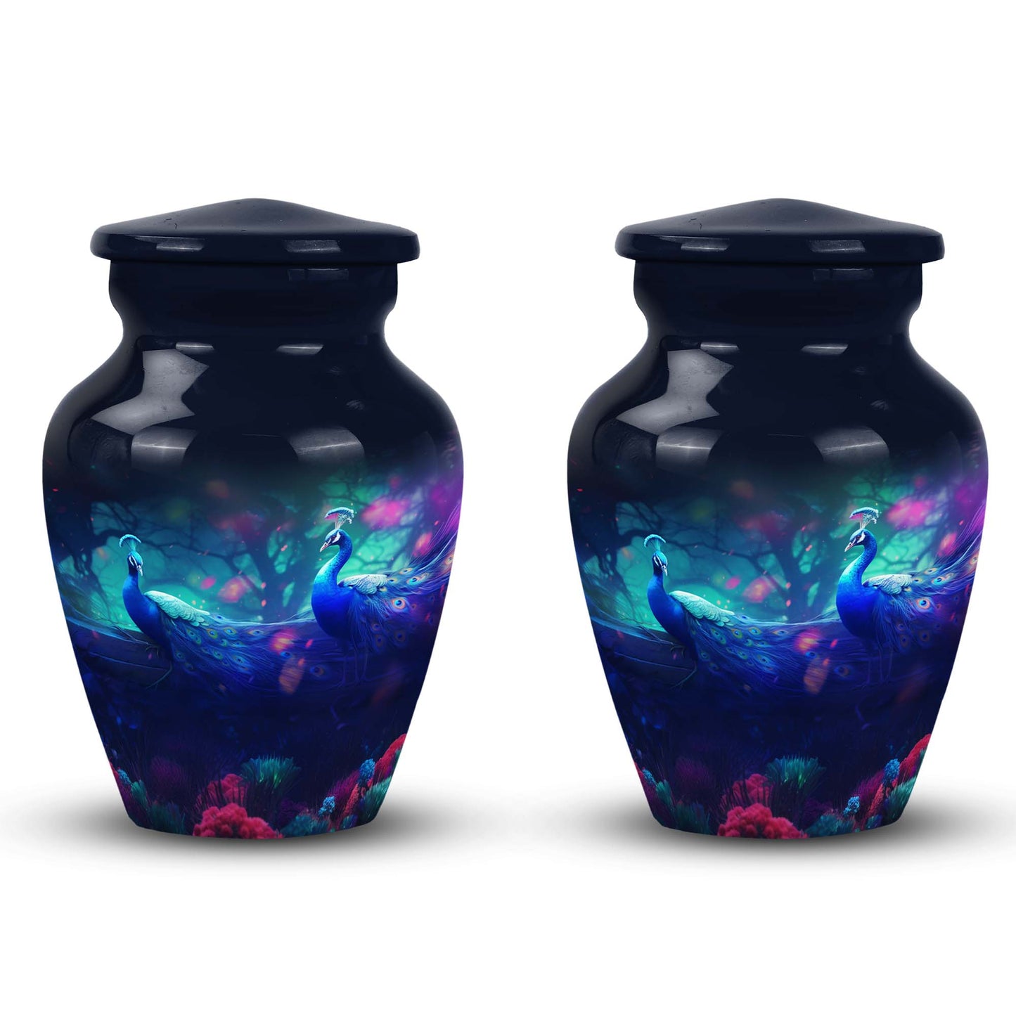 Classic-design peacock urn for ashes.