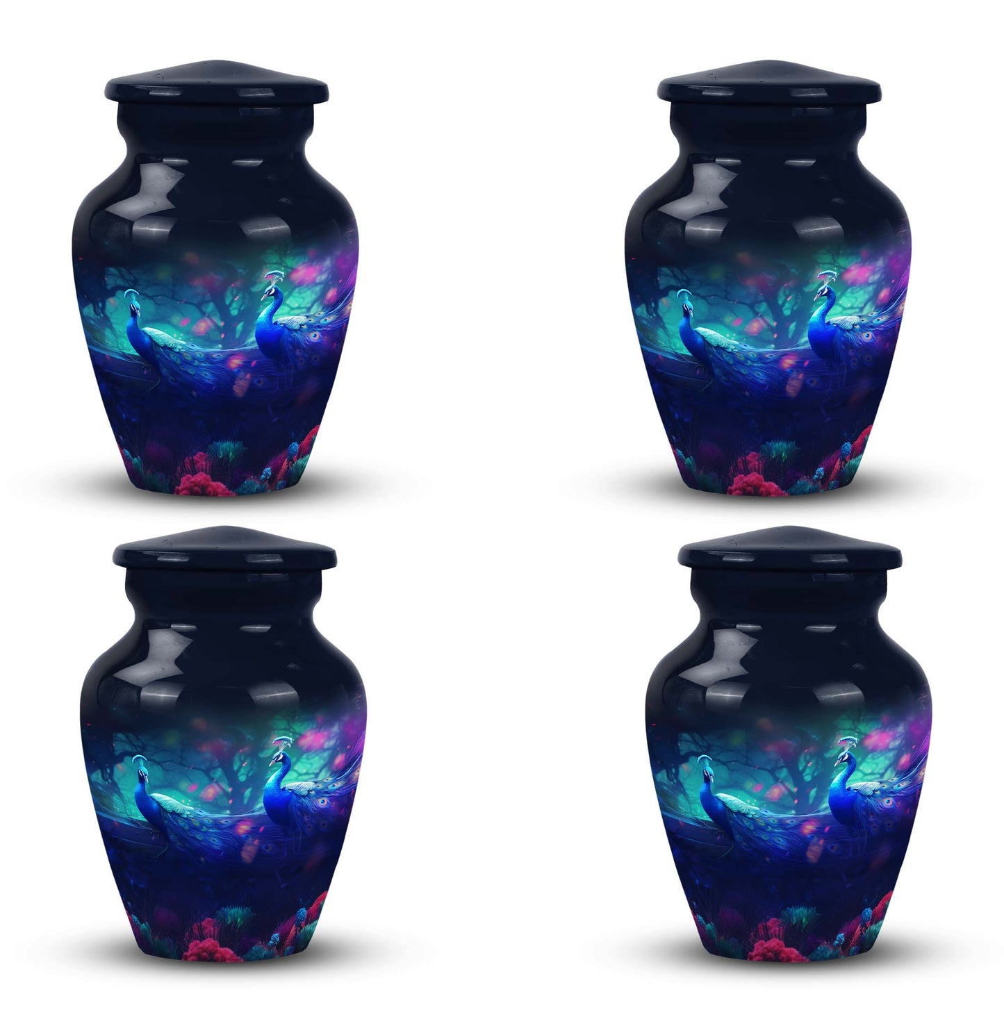 Classic-design peacock urn for ashes.