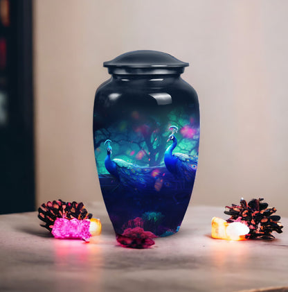 Classic-design peacock urn for ashes.