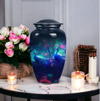 Classic-design peacock urn for ashes.