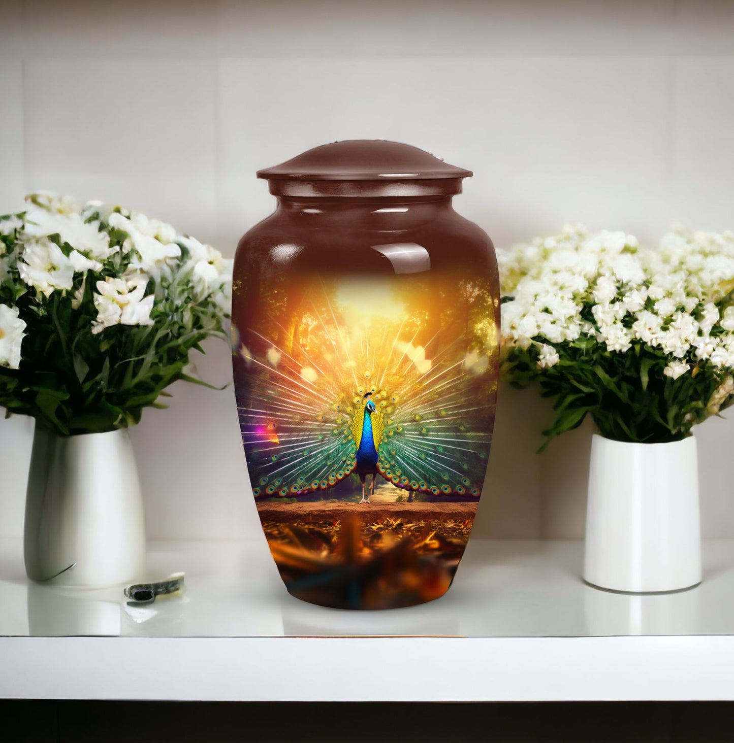 Large classic urn for ashes, peacock urn for cremation.