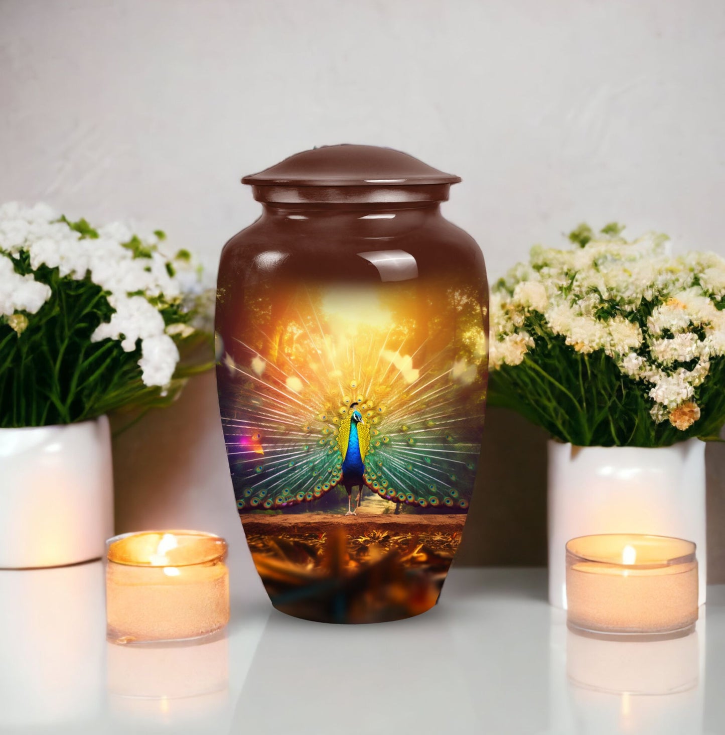 Large classic urn for ashes, peacock urn for cremation.