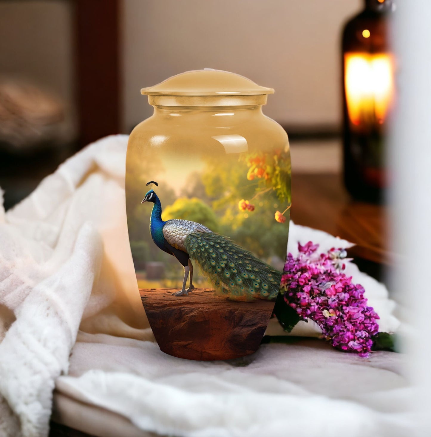 Classic Peacock Urn, a memorial gift for cremated ashes.