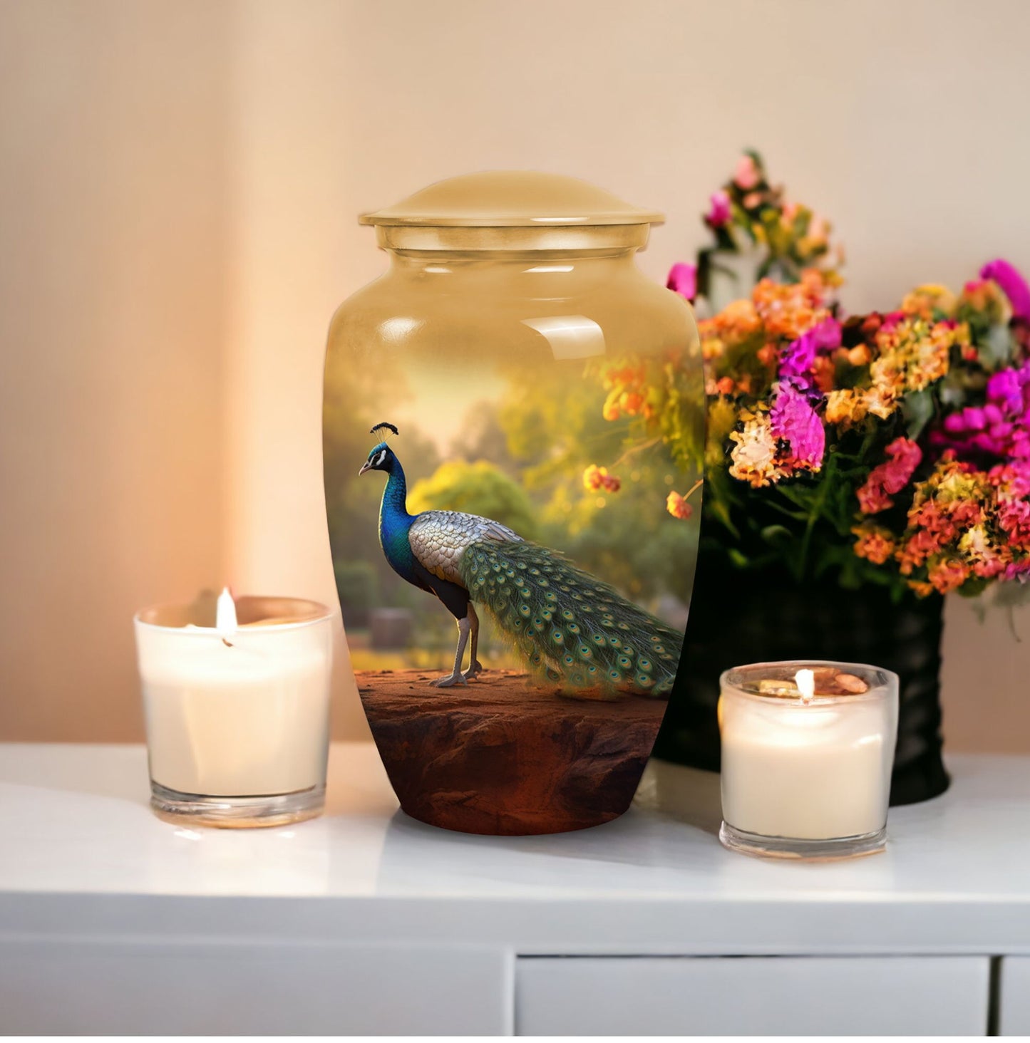 Classic Peacock Urn, a memorial gift for cremated ashes.