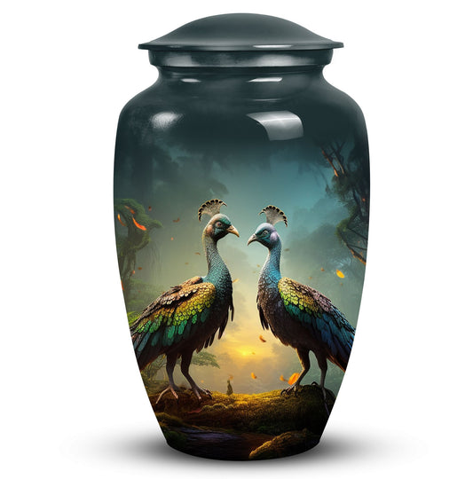 Classic large 3-inch peacock urn for human ashes.