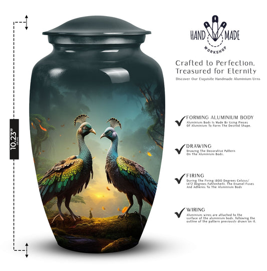 Classic large 3-inch peacock urn for human ashes.