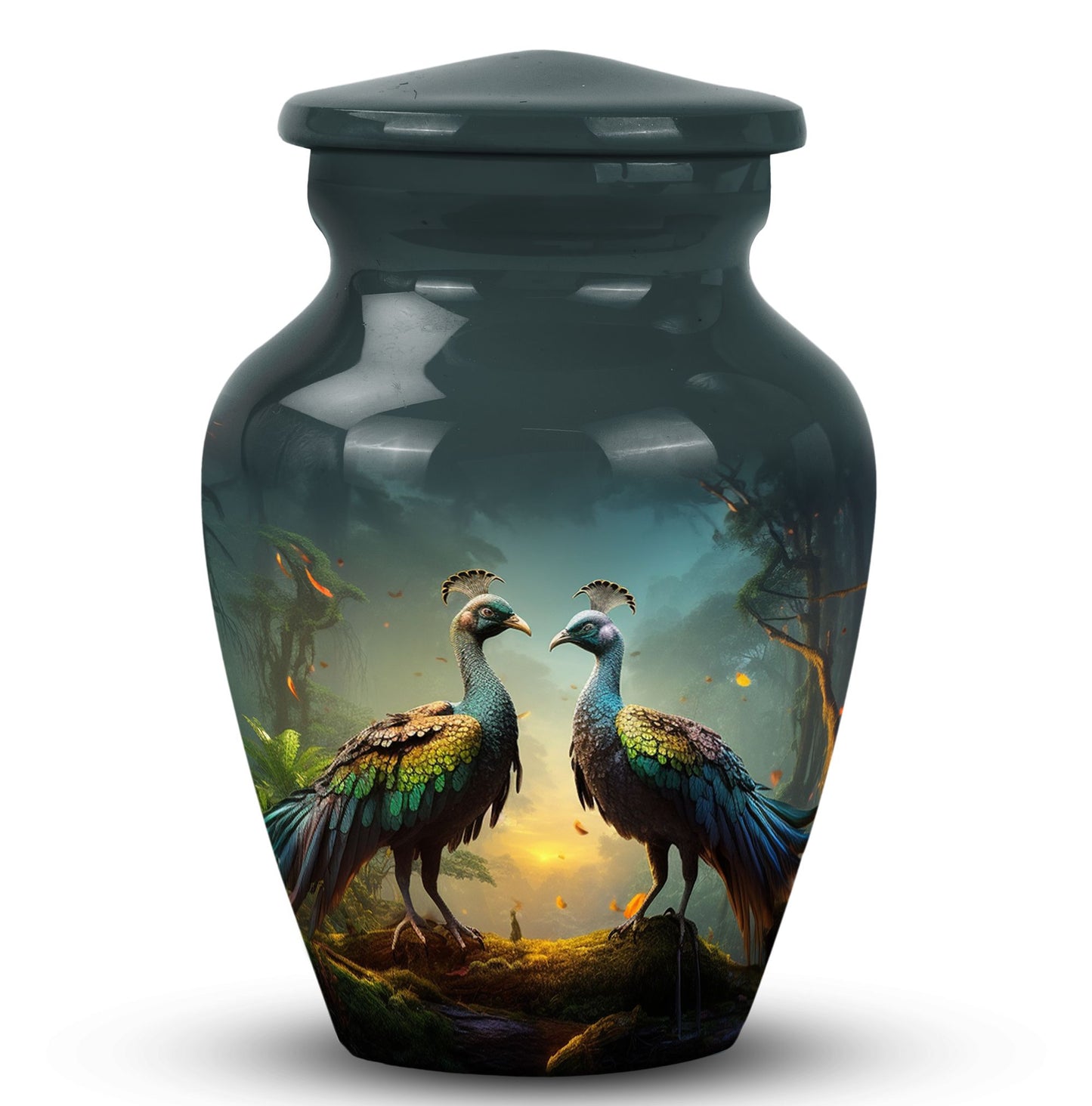 Classic large 3-inch peacock urn for human ashes.