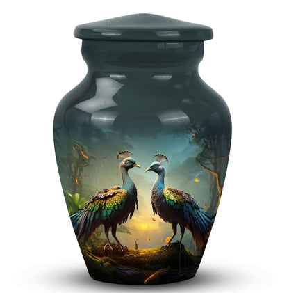 Classic large 3-inch peacock urn for human ashes.