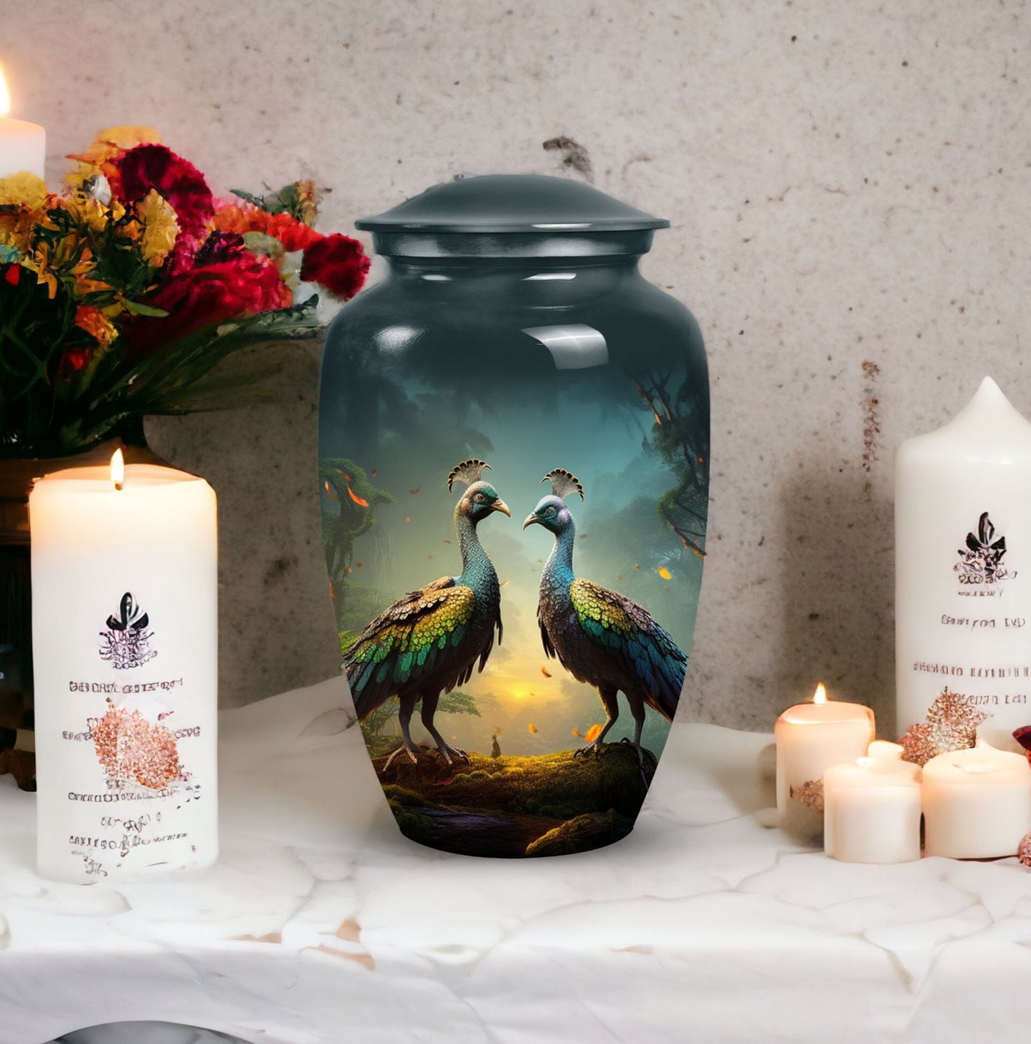 Classic large 3-inch peacock urn for human ashes.
