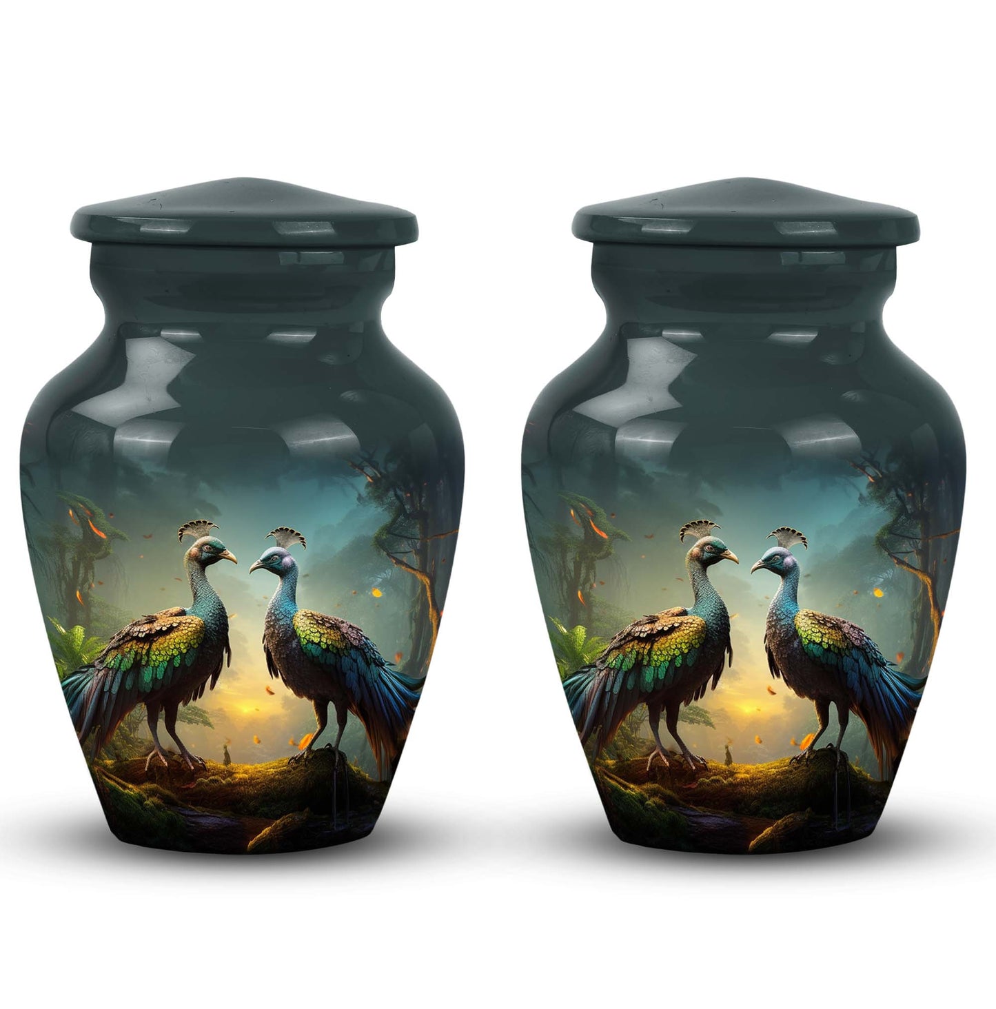Classic large 3-inch peacock urn for human ashes.