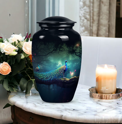 Classic peacock urn for cremation with personalized engraving