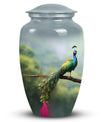 Classic urn for ashes, personalized peacock design.